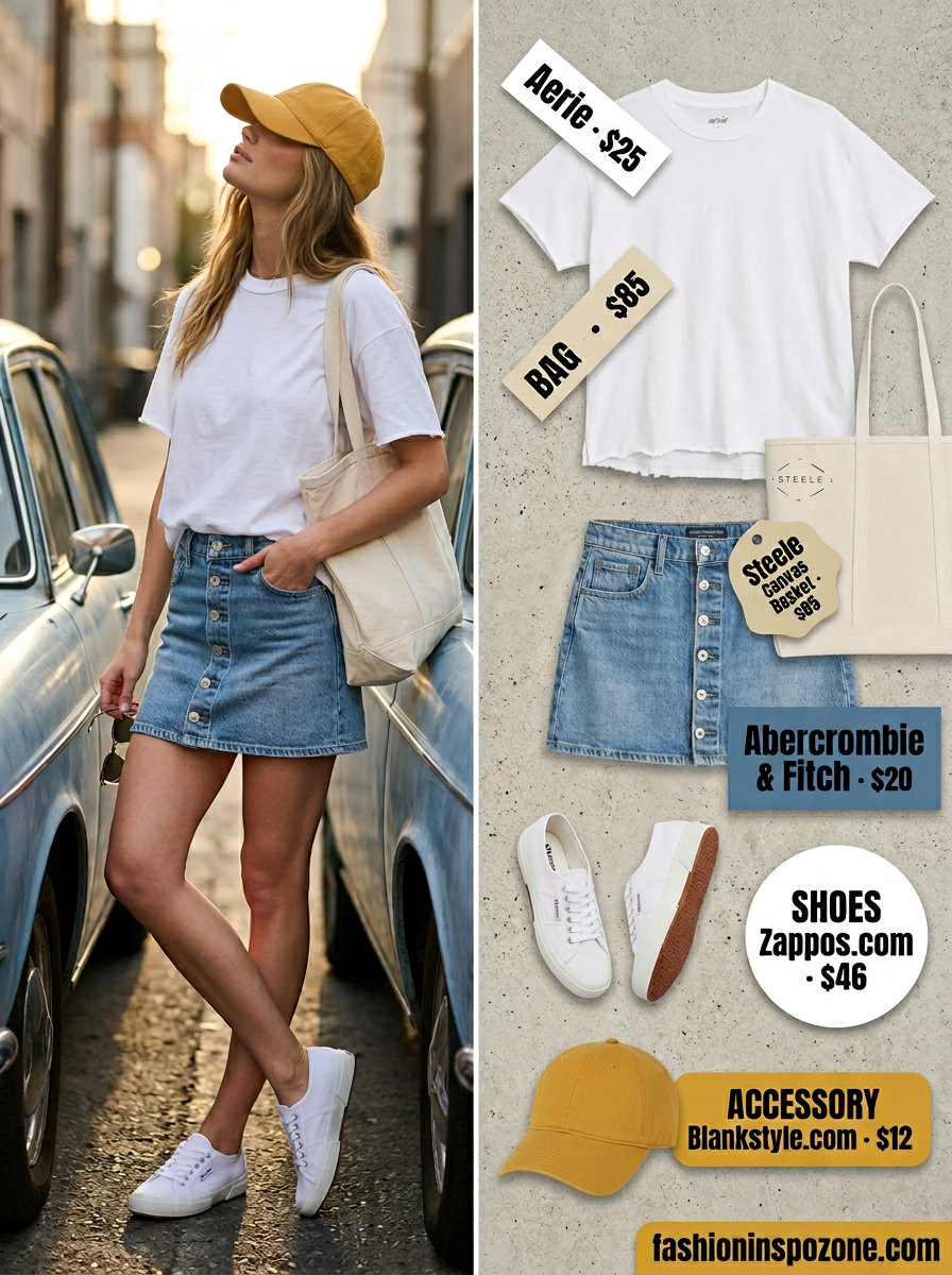 Summer evening outfit: white oversized tee with denim mini skirt, canvas sneakers & baseball cap. What to Wear with Oversized Tee Summer 2026.