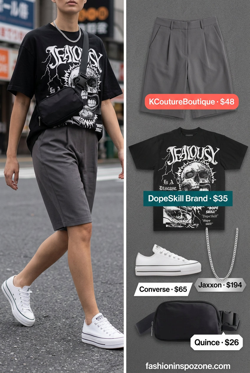 What to Wear with Oversized Tee Summer 2026: Black graphic tee, grey Bermuda shorts, white sneakers, belt bag for city exploration.