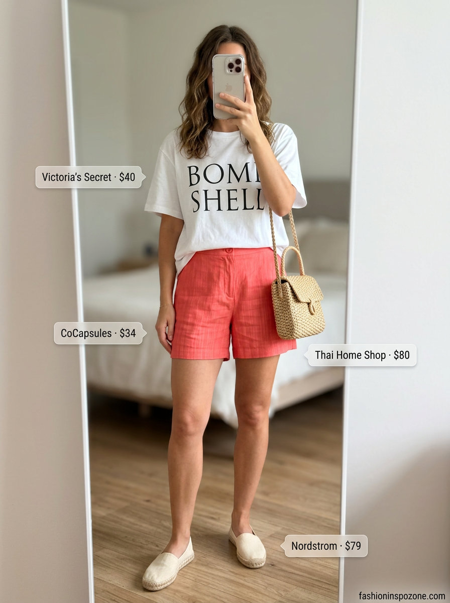 Vacation outfit: white oversized tee with coral linen shorts, straw hat & espadrilles. What to Wear with Oversized Tee Summer 2026.