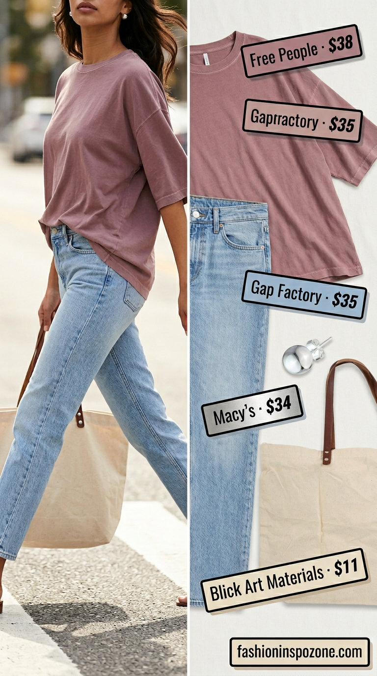 Weekend casual look: soft pink oversized tee with straight-leg jeans, white sneakers & canvas tote. What to Wear with Oversized Tee Summer 2026.