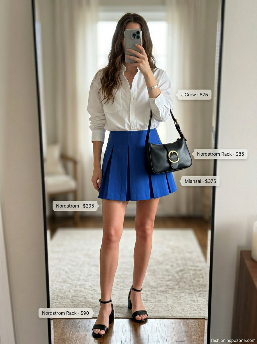 Cobalt blue pleated mini skirt with white button-down & black sandals. What to wear with pleated skirt summer 2026 for city.