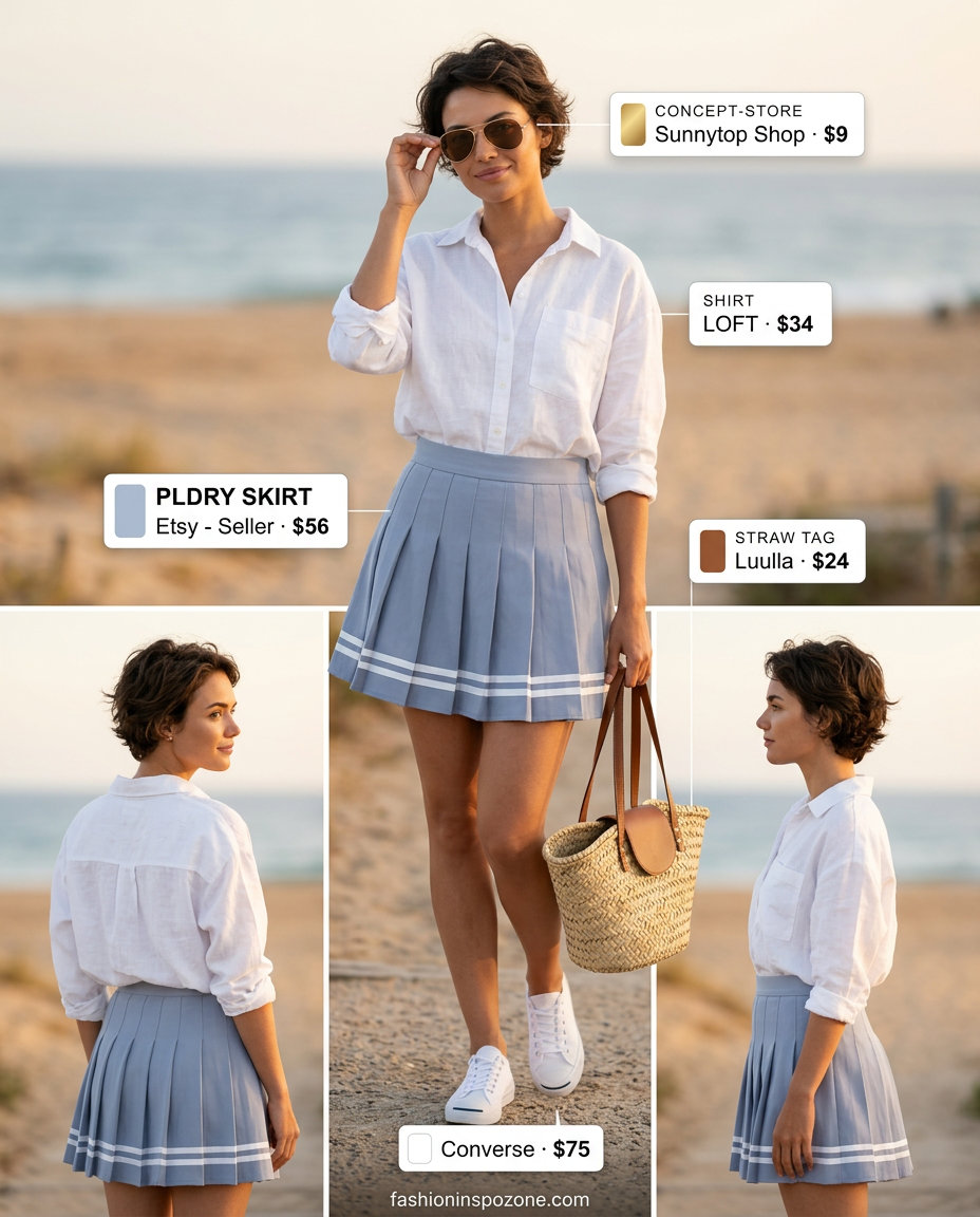 Light blue pleated mini skirt with oversized white linen shirt & straw tote. What to wear with pleated skirt summer 2026 for beach.