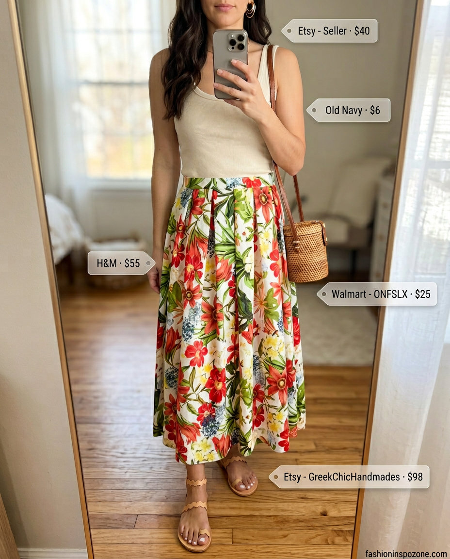 What to Wear with Pleated Skirt Summer 2026: Floral skirt, cream tank, straw bag for fresh summer brunch or casual day out.