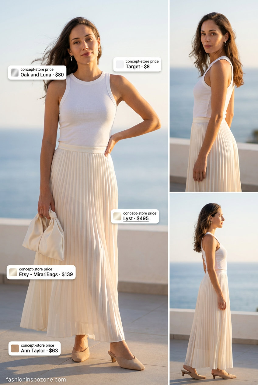 What to Wear with Pleated Skirt Summer 2026: Cream pleated maxi skirt, ivory knit top, neutral mules for minimalist evening elegance.