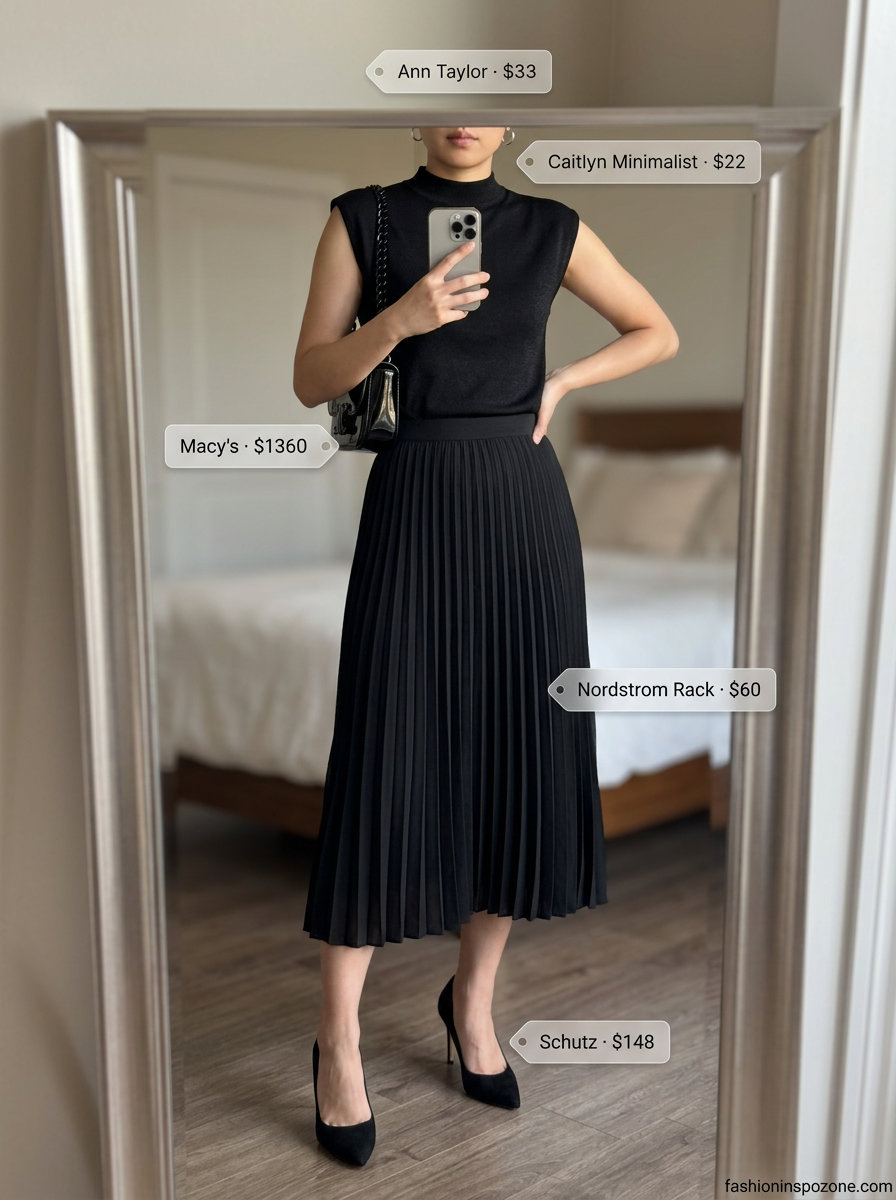 All black pleated midi skirt outfit with mock neck top, stiletto heels, and mini top-handle bag.