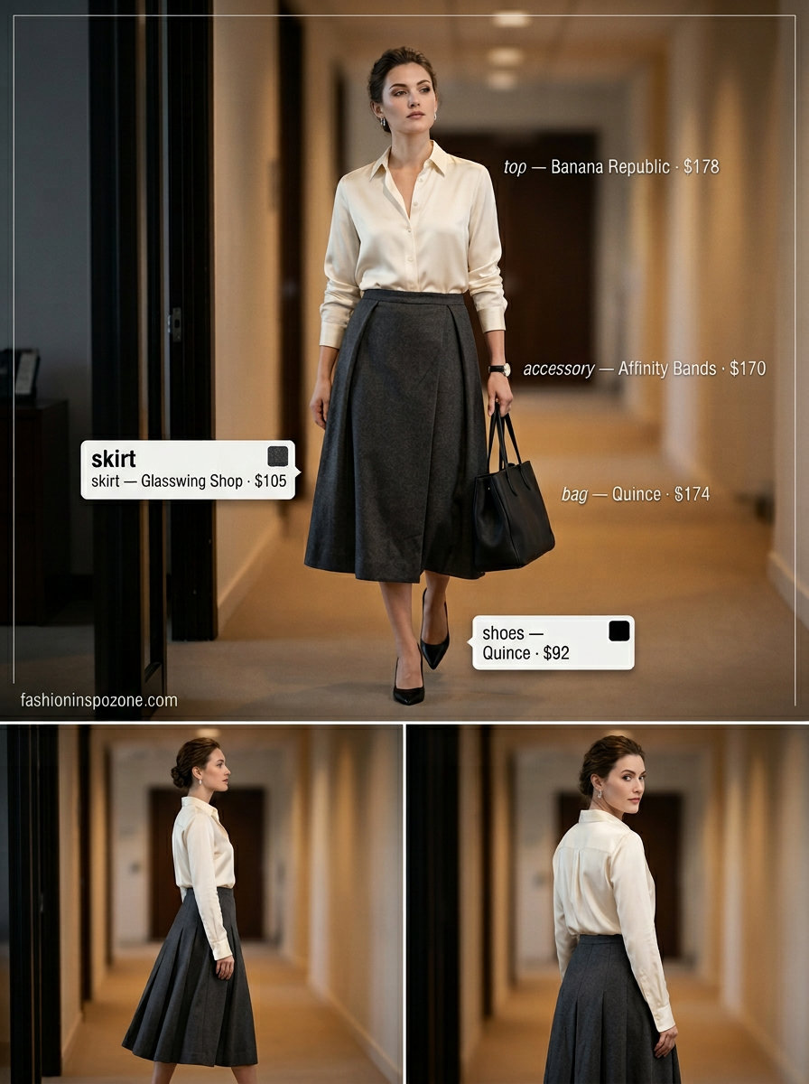 Charcoal grey pleated midi skirt with cream silk blouse & black pumps. What to wear with pleated skirt summer 2026 for office.