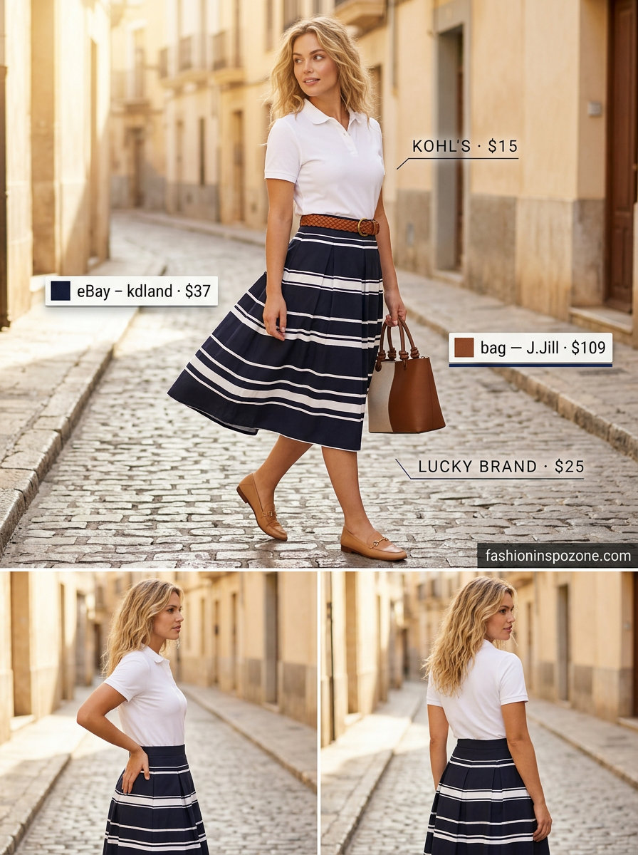 Navy striped pleated midi skirt with white polo & loafers. What to wear with pleated skirt summer 2026 for picnics.