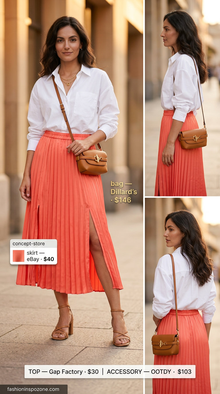 What to Wear with Pleated Skirt Summer 2026: Coral skirt, white shirt, tan sandals for elegant summer evening or date night.