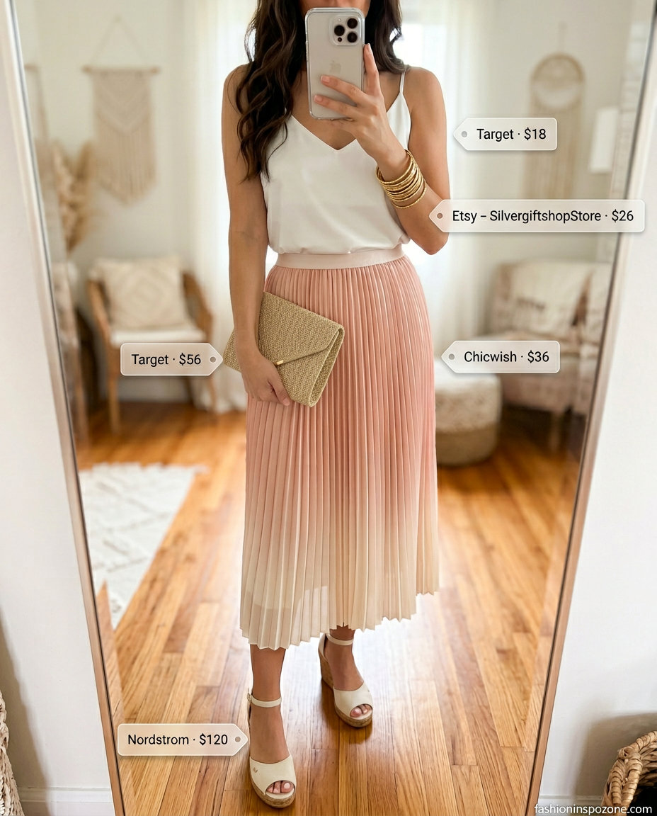 Ombre pleated maxi skirt with white satin camisole and espadrille wedges for a beach dinner.
