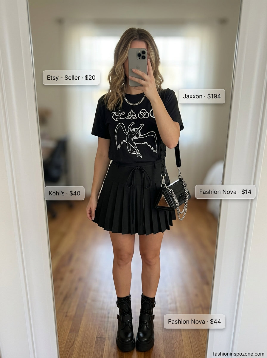 What to Wear with Pleated Skirt Summer 2026: Black mini skirt, band tee, combat boots for edgy concert or night out look.