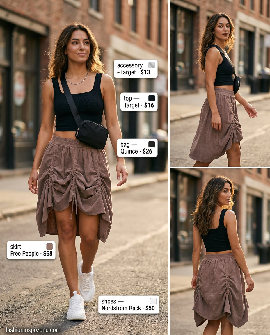 Edgy olive green pleated skirt outfit with black cropped tank, sneakers, and crossbody bag.