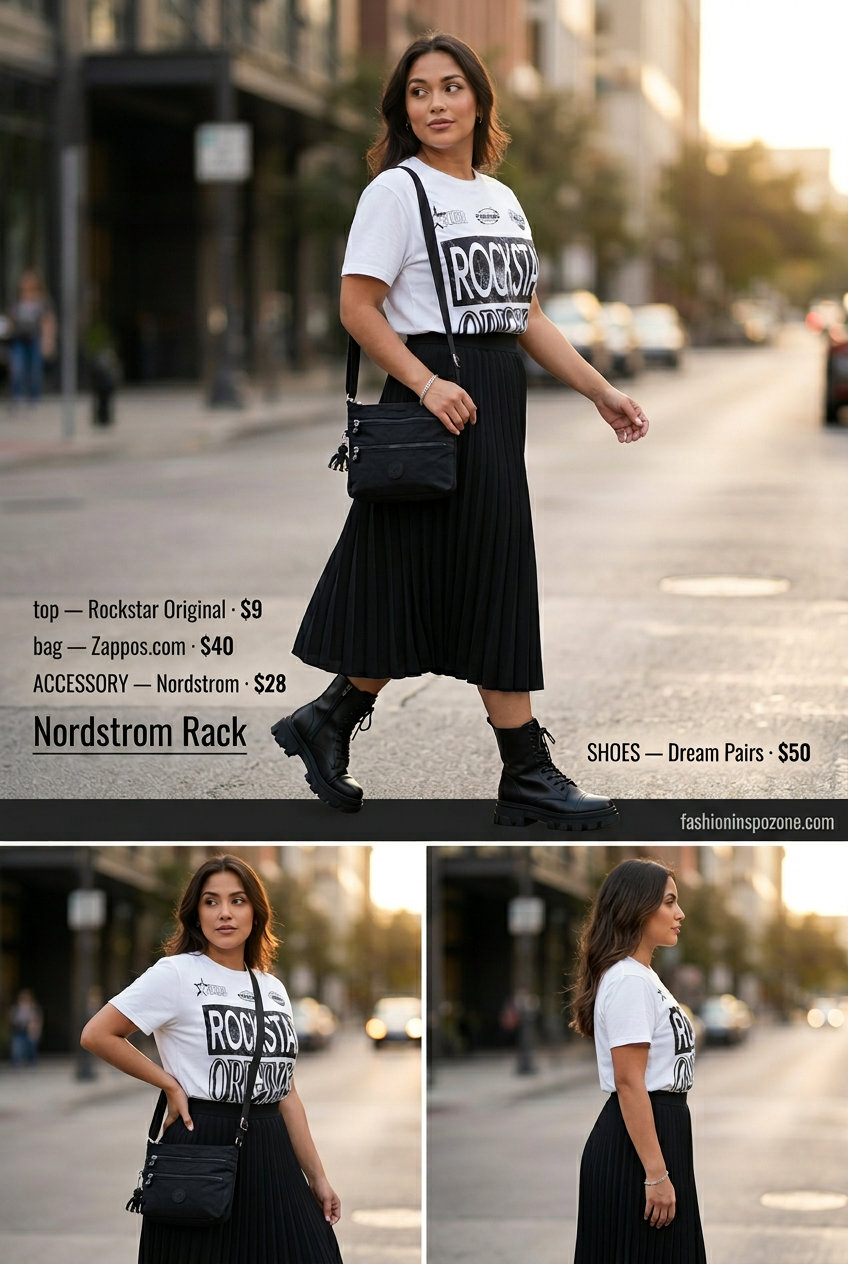 Black pleated midi skirt with graphic tee & combat boots. What to wear with pleated skirt summer 2026 for urban style.
