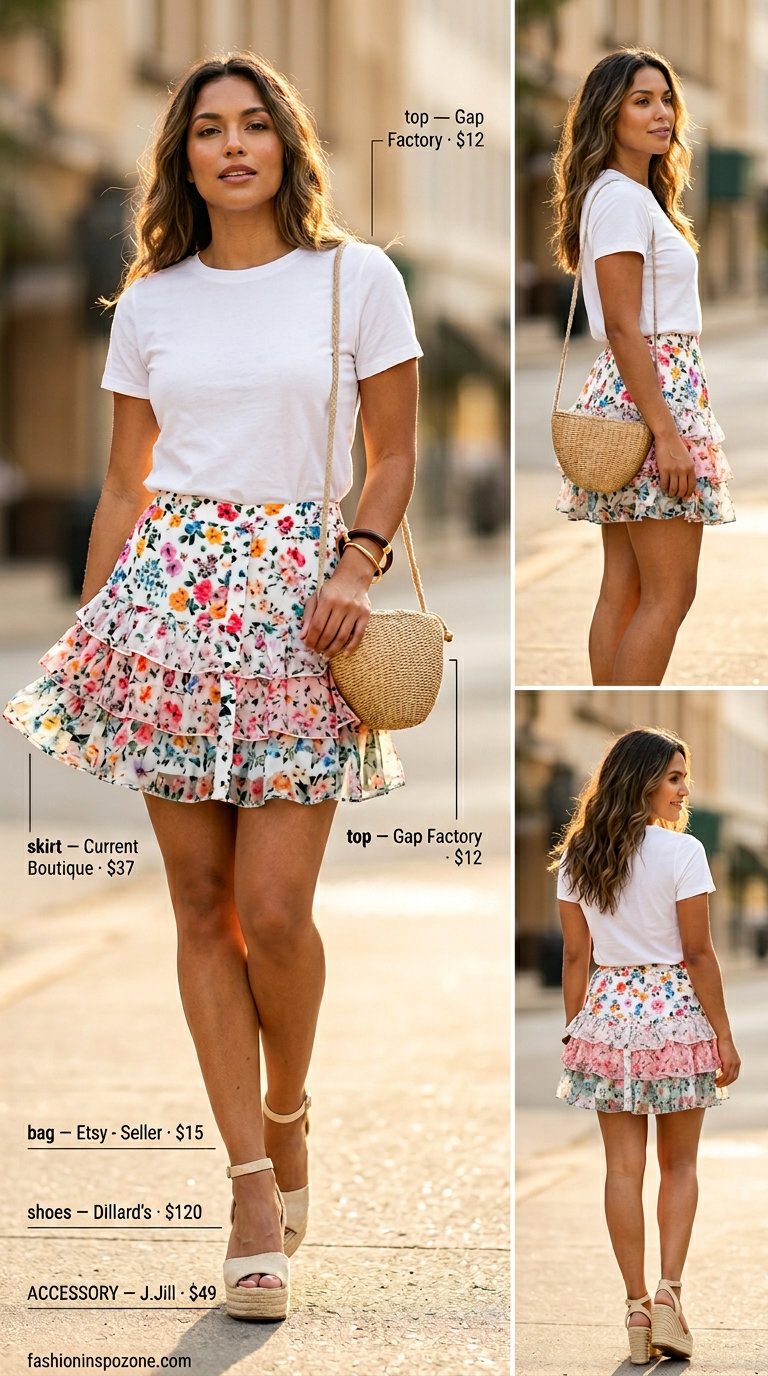 Floral pleated mini skirt with white tee & espadrilles. What to wear with pleated skirt summer 2026 for brunch.