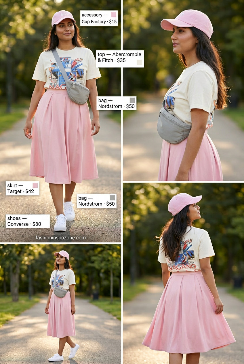 What to Wear with Pleated Skirt Summer 2026: Pastel pink skirt, graphic tee, sneakers for casual weekend errands or sightseeing.
