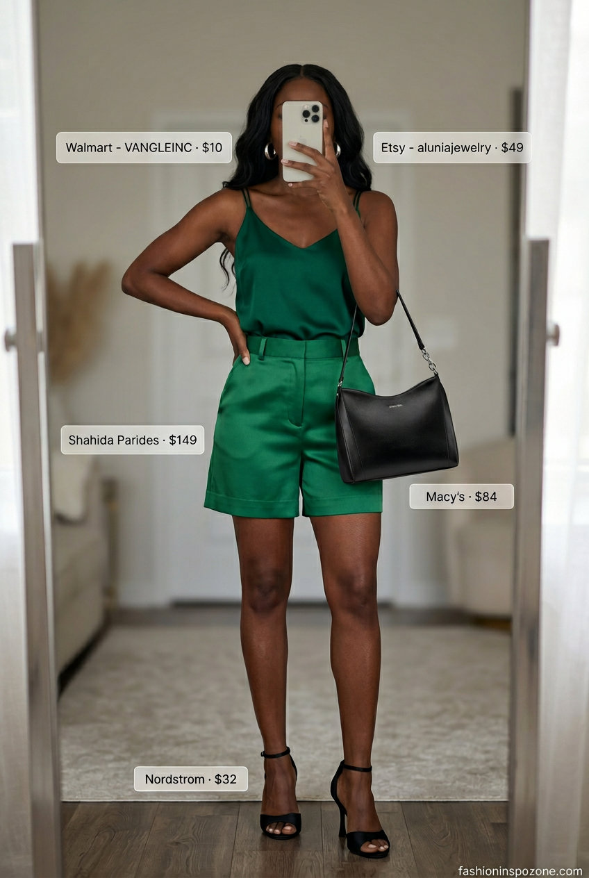 Emerald green satin shorts set with cami, black heels, and silver earrings for summer 2026 date night.