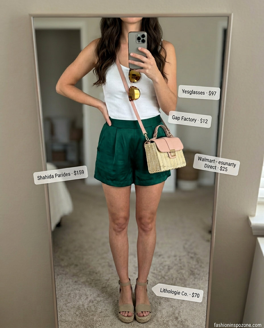 Vacation vibe outfit with emerald green silk shorts, white tank, and espadrille wedges for summer 2026.