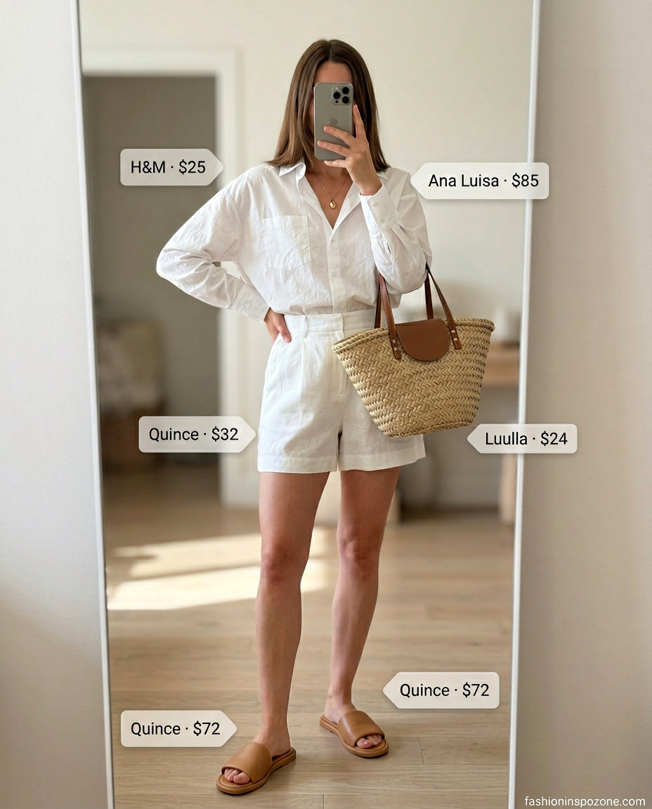 Monochrome white linen shorts outfit for beach resorts and errands 2026. White, tan, gold.