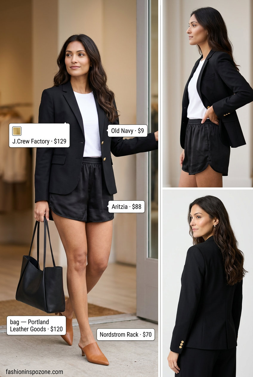 Black blazer with satin shorts for a minimalist smart casual look. What to wear with satin shorts summer 2026.