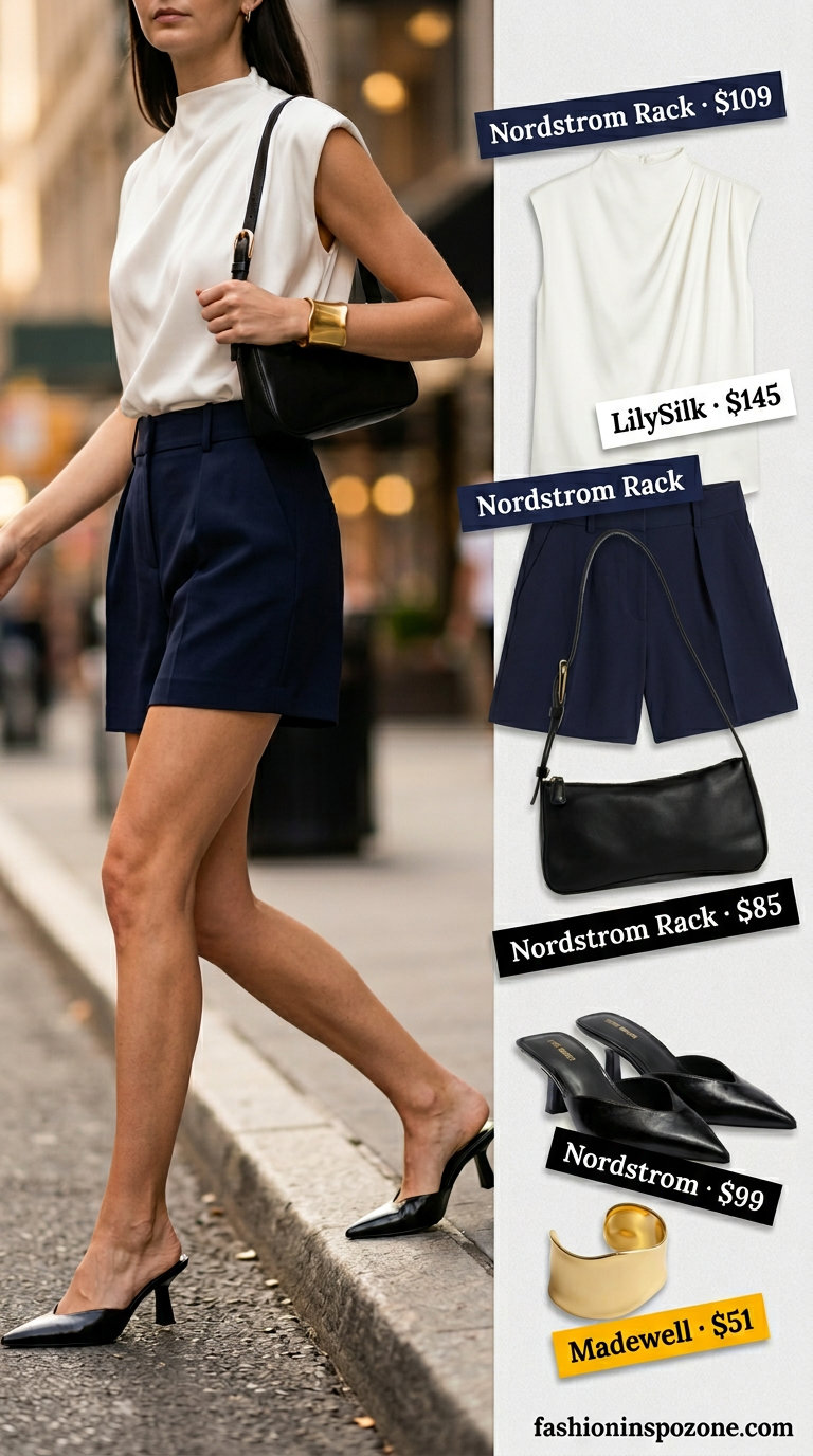 Navy tailored shorts outfit for a smart casual event. What to wear with satin shorts summer 2026.