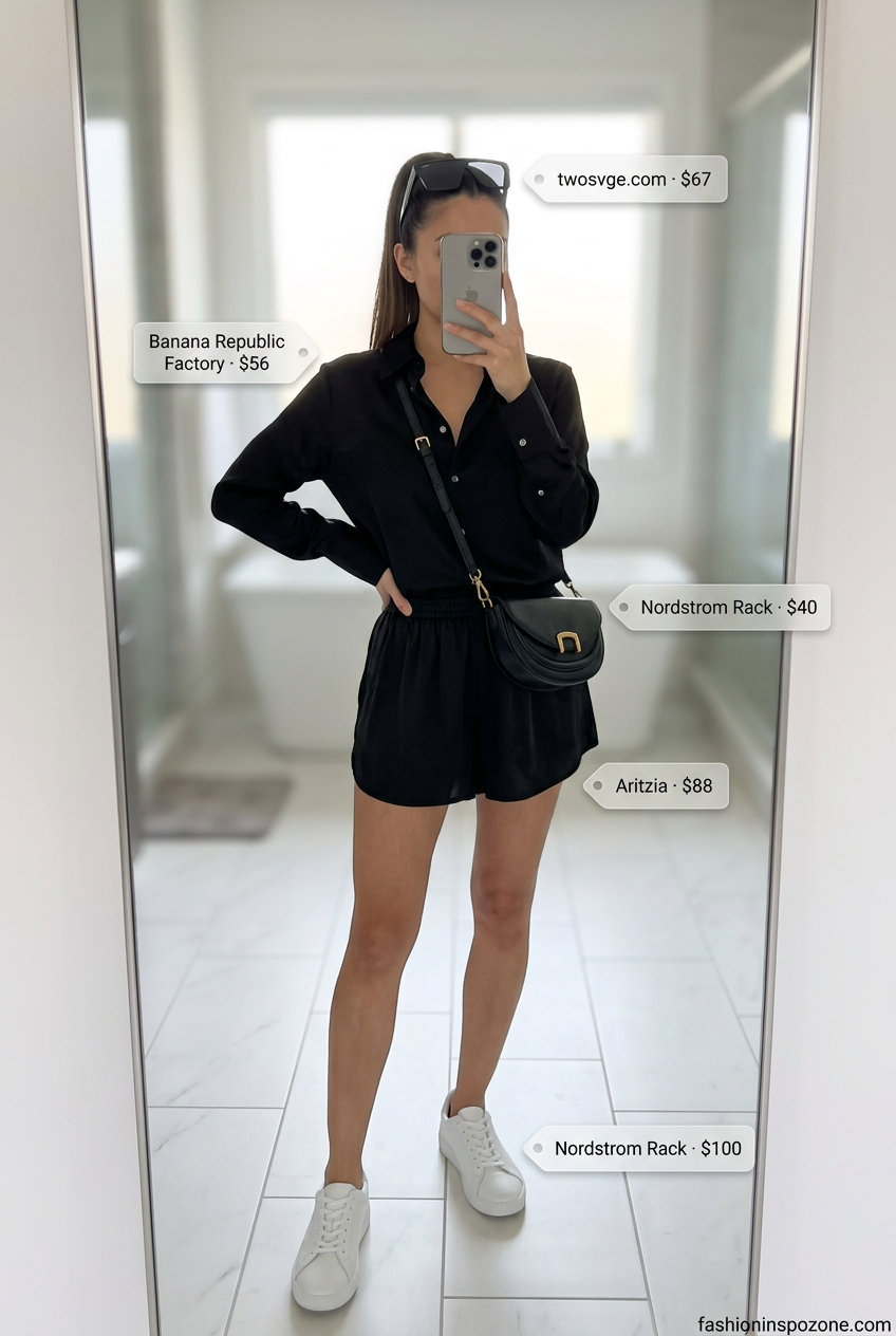 Monochrome black satin shorts outfit for a fashion day out. What to wear with satin shorts summer 2026.
