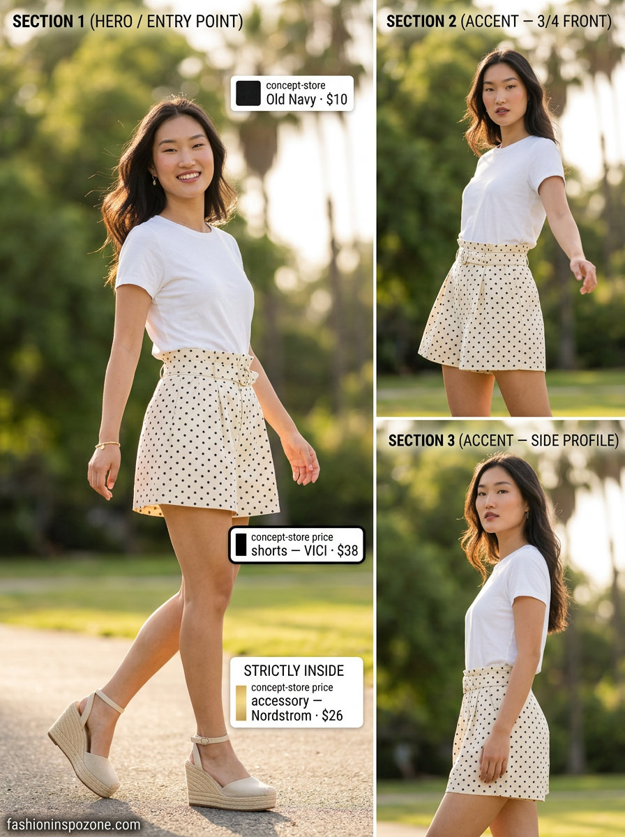 Playful polka dot satin shorts outfit for casual summer days 2026. White, black, natural.