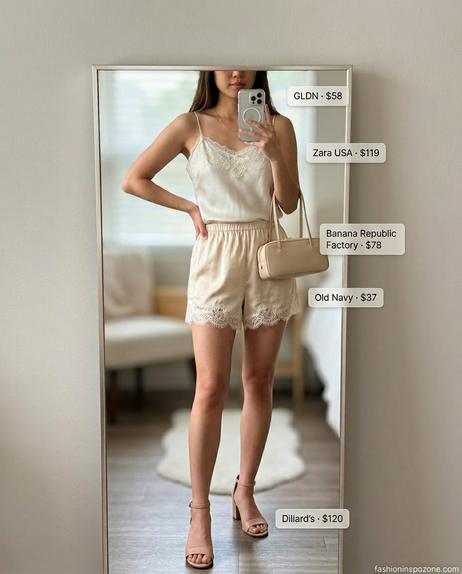 Champagne satin shorts outfit for a sophisticated summer evening. What to wear with satin shorts summer 2026.