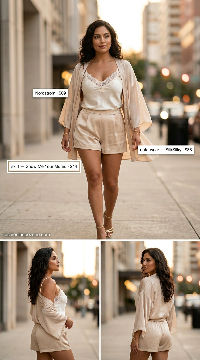 Champagne satin shorts outfit for an elegant evening out. What to wear with satin shorts summer 2026.
