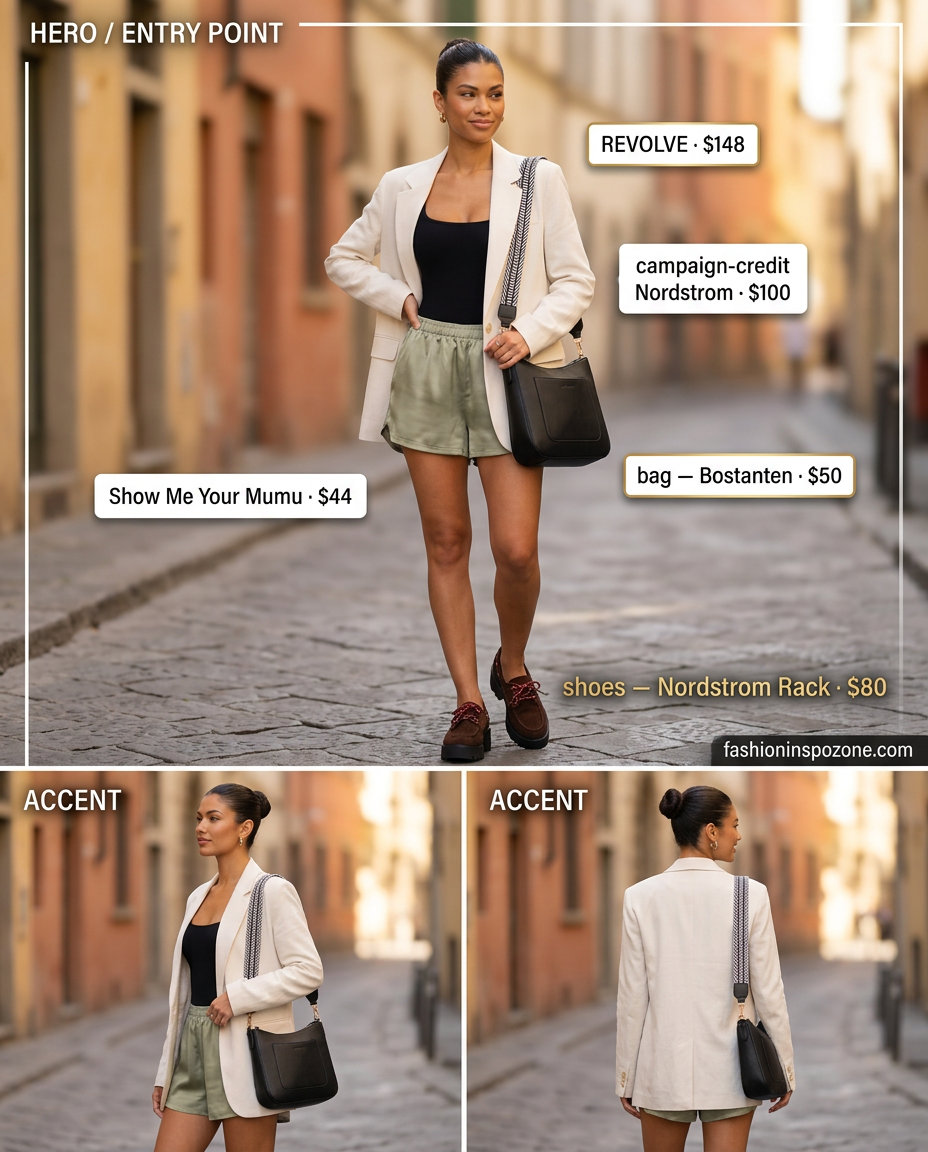 Olive green satin shorts outfit for urban exploration. What to wear with satin shorts summer 2026.