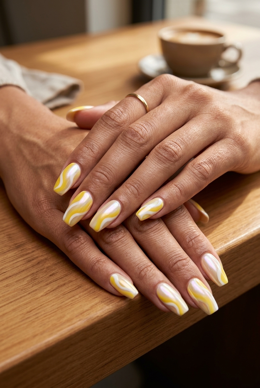 Yellow Summer Nails 2026: Glazed Abstract Swirls Artistic yellow and white abstract swirl glazed nails for date night. Yellow summer nails 2026.