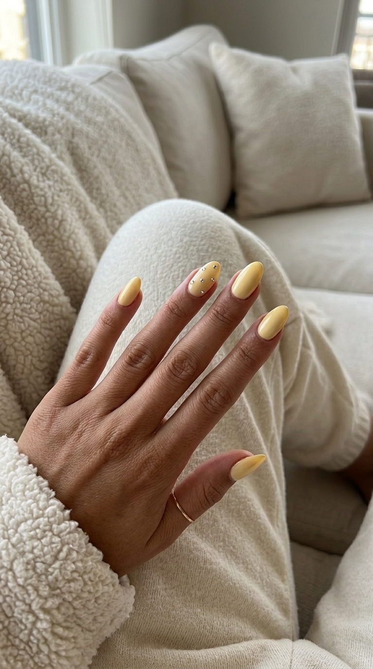 Buttercup Gemstone Sparkle Nails 2026 | Casual Glam Buttercup gemstone sparkle nails with creamy butter yellow and rhinestones. Glamorous yellow summer nails 2026 for socials.