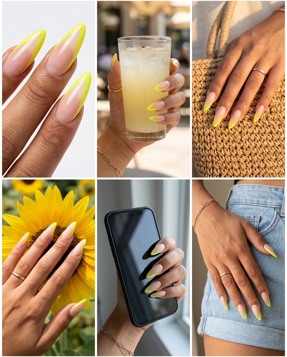 Yellow Summer Nails 2026: Electric Line Art Stiletto Edgy neon yellow graphic lines on sheer natural nails for festivals. Yellow summer nails 2026.
