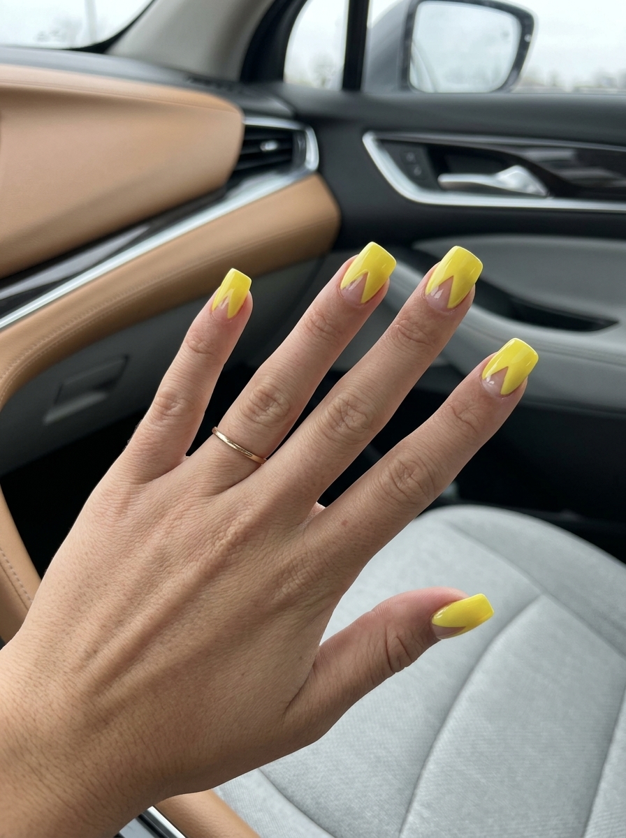 Yellow Summer Nails 2026: Modern Geometric Zest Chic lemon zest yellow geometric nails with negative space. Yellow summer nails 2026 for work.