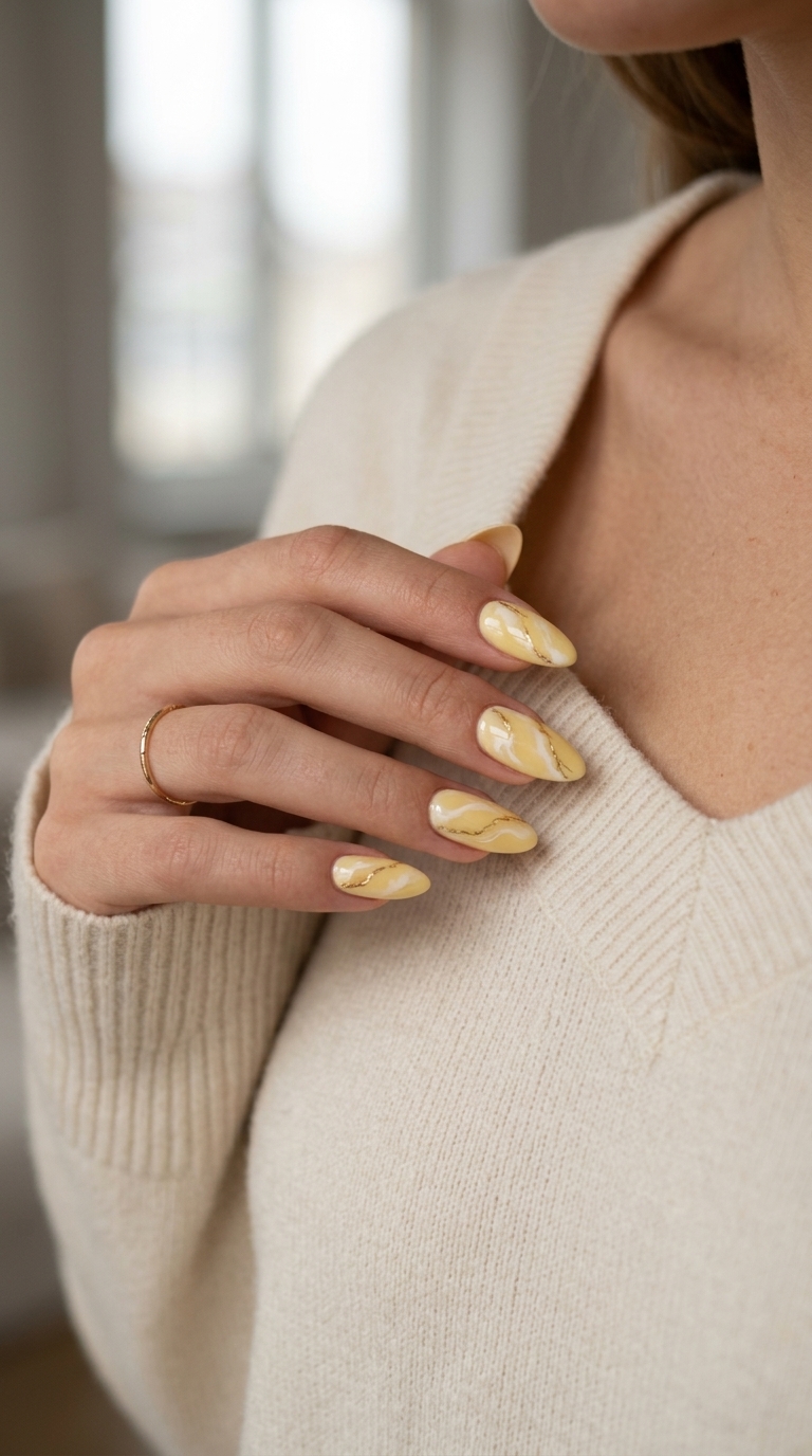 Yellow Summer Nails 2026: Golden Marble Glam Glamorous butter yellow and white marble nails with gold foil accents. Yellow summer nails 2026 for date night.