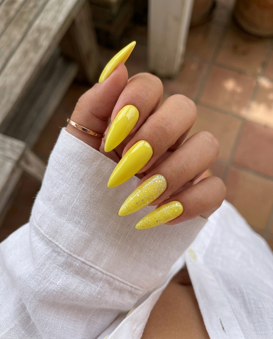 Yellow Summer Nails 2026: Lemon Zest Glitter Fun Playful lemon zest yellow nails with iridescent glitter accents. Yellow summer nails 2026 for vacation.