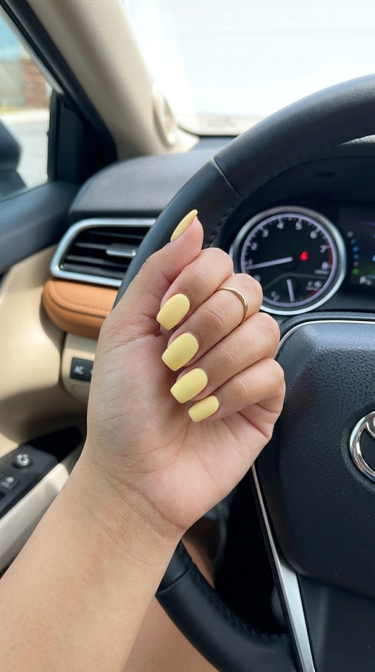 Yellow Summer Nails 2026: Matte Pastel Square Minimalist pale pastel yellow matte square nails. Yellow summer nails 2026 for work.