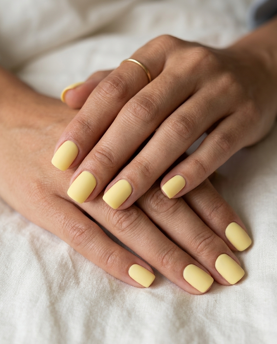 Pale Pastel Yellow Matte Nails 2026 | Minimalist Style Pale pastel yellow matte square nails for minimalist daily wear. Understated yellow summer nails 2026.