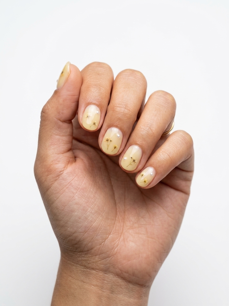 Yellow Summer Nails 2026: Romantic Milk Bath Pale yellow milk bath nails with delicate dried flowers and pearls, perfect for wedding guests. Yellow summer nails 2026.