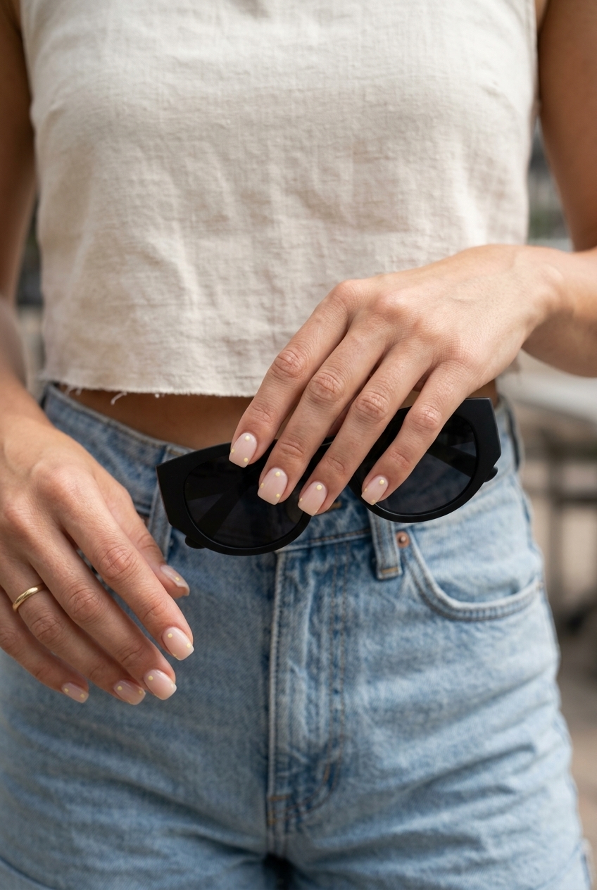 Yellow Summer Nails 2026: Subtle Dot Chic Minimalist sheer nude nails with soft pastel yellow dots. Yellow summer nails 2026 for office.