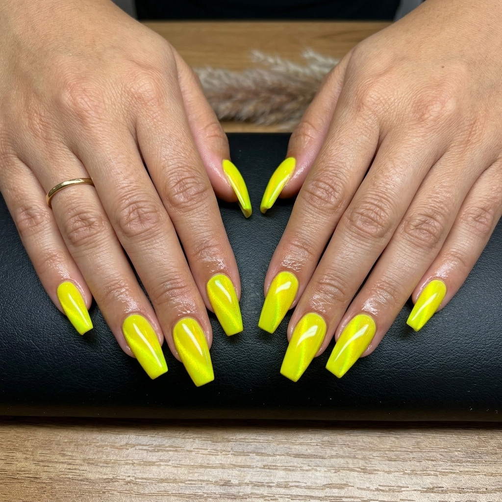 Edgy neon yellow cat-eye stiletto nails. Yellow summer nails 2026 for parties.