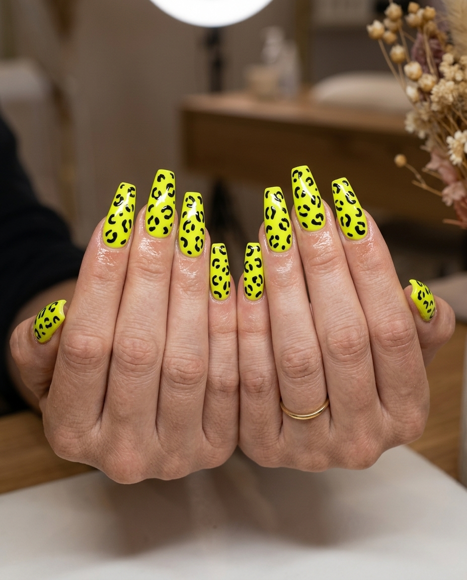 Wildcat Neon Cheetah Nails 2026 | Edgy Festival Style Wildcat neon cheetah print stiletto nails for festivals or a bold statement. Edgy and sultry yellow summer nails 2026.
