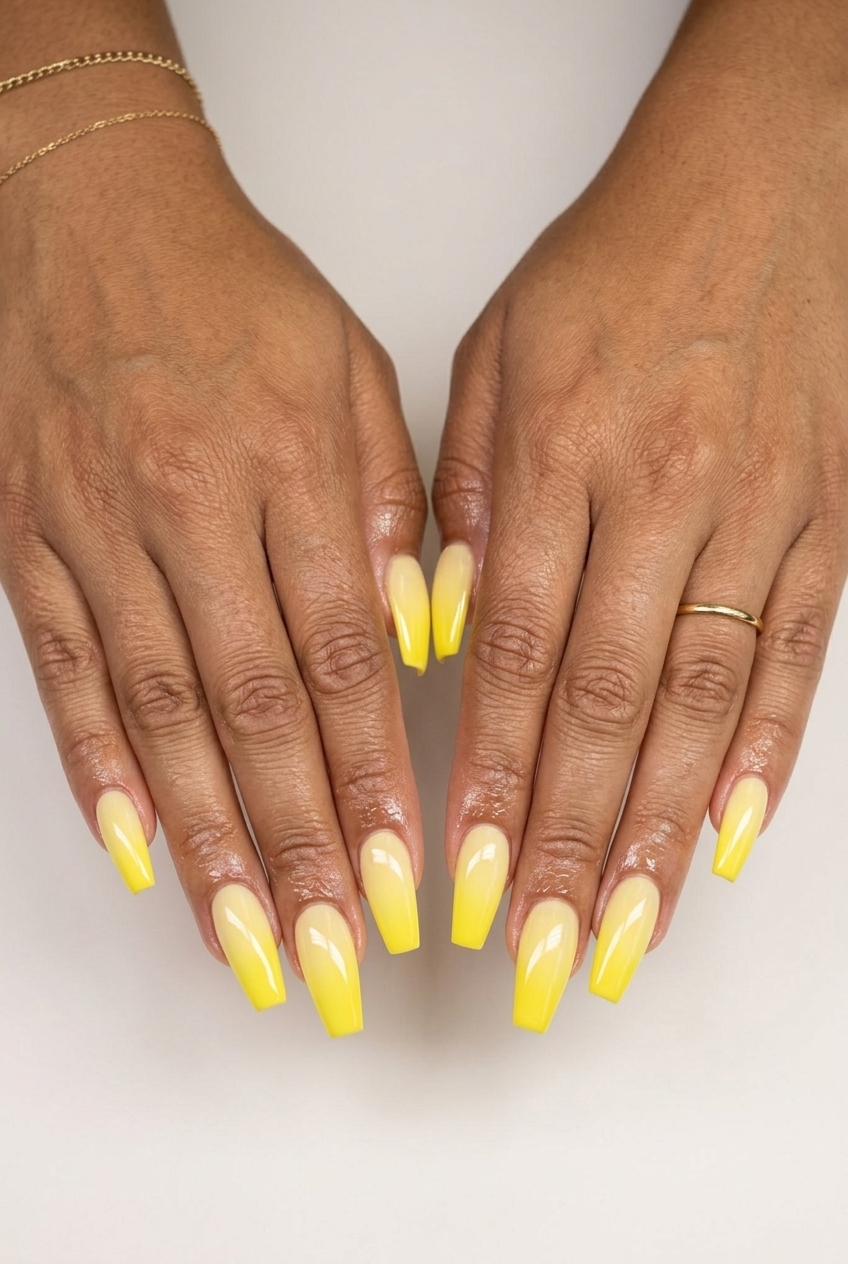 Lemon Zest Ombre Coffin Nails 2026 | Glam Party Style Lemon zest ombre coffin nails in pale yellow to bright yellow gradient. Glamorous yellow summer nails 2026 for parties.