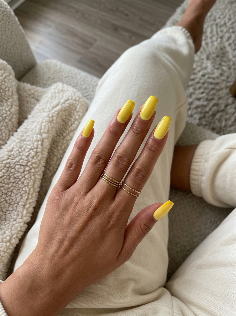 Golden Crescent French Nails 2026 | Chic Summer Style Golden crescent reverse French nails with nude and bright yellow. Sophisticated yellow summer nails 2026 for parties.