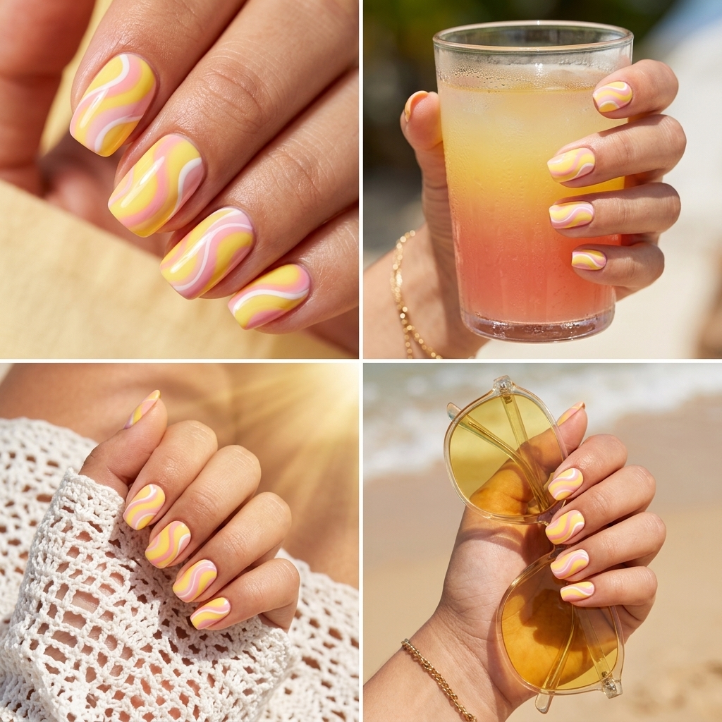 Yellow Summer Nails 2026: Strawberry Lemonade Swirls Playful yellow and pink swirl nails with white accents for summer vacation. Yellow summer nails 2026.