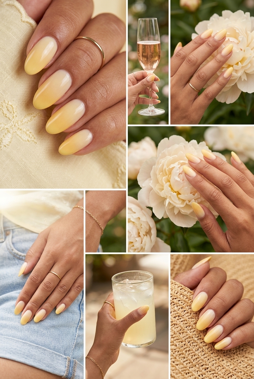 Sunset Sky Ombre Nails 2026 | Romantic Bridal Style Sunset sky airbrushed ombre nails in soft warm yellow. Romantic yellow summer nails 2026 for weddings and events.
