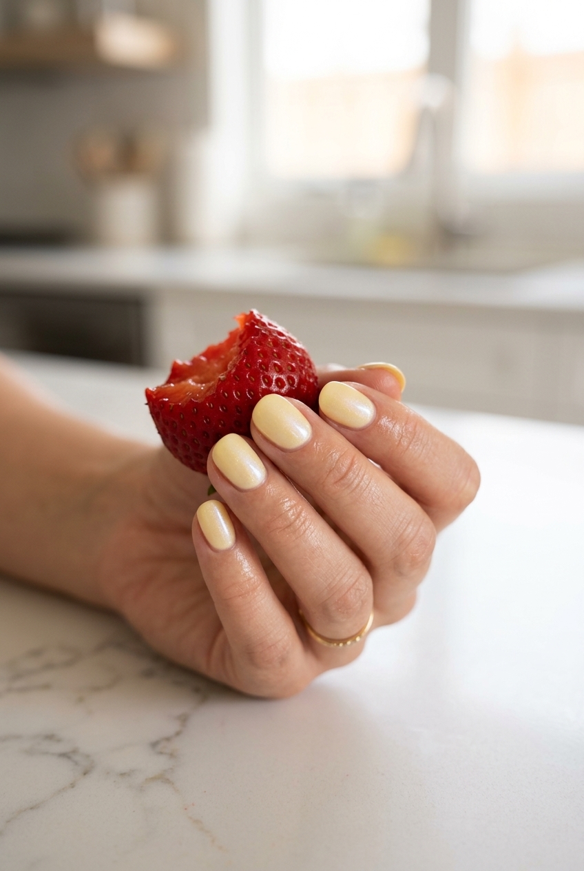 Yellow Summer Nails 2026: Whisper Shimmer Glow Subtle pale yellow nails with luminous shimmer. Yellow summer nails 2026 for clean girl aesthetic.